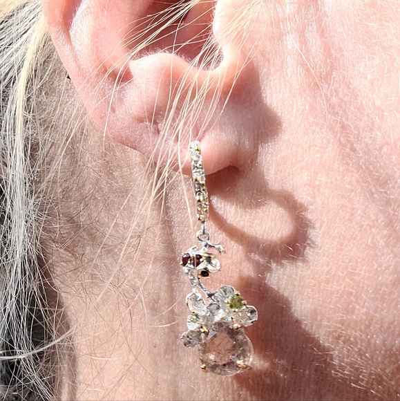 Stunning Rutilated Quartz Peridot Ruby& Sapphire Floral chandelier earrings - Picture 2 of 13